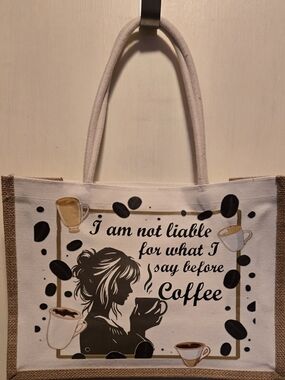 Burlap Canvas Cream Canvas Coffee Quote Tote Bag